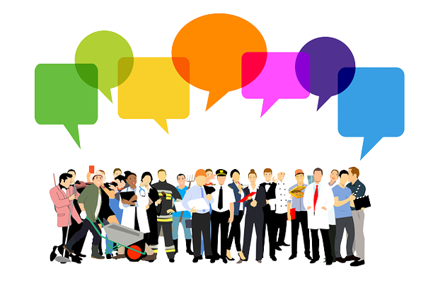An image showing different colored silhouettes of people with speech bubbles representing social groups.