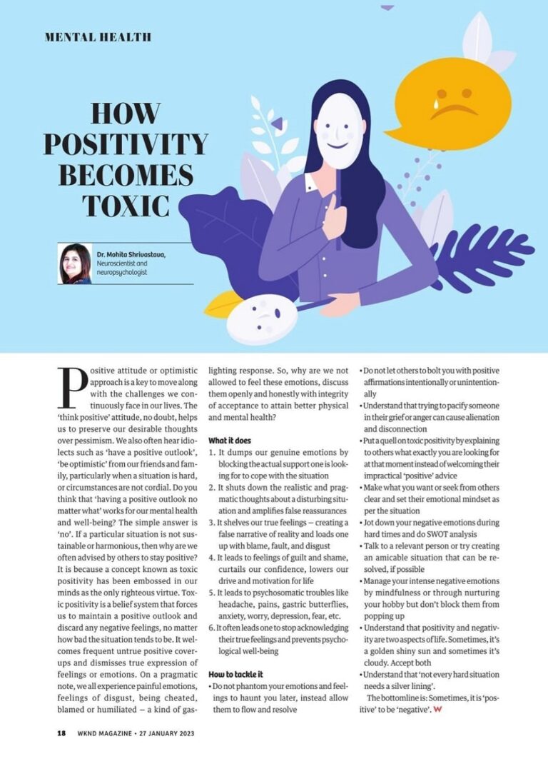 An image with the title "Toxic Positivity" showing a person with their head in their hands and a background with lightbulbs and a cloud.